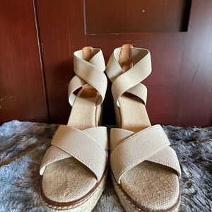 Tory Burch Logo Espadrille Wedge Sandals Elastic Crisscross Strap Size 8